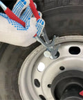 Heavy Duty Wheel Weight Pliers And Tire Balancing Tool For Cars, SUVs And Trucks Clip On Weight Remover And Installer With Hammer Function Textured Rubber Handle Alloy Construction 12 Oz Weight in use on car wheel
