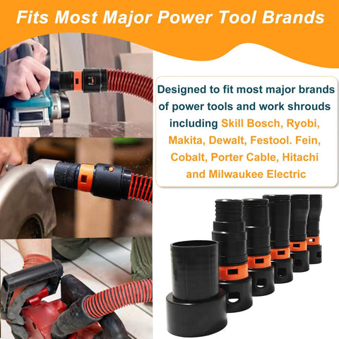 Versatile 16 Foot Vacuum Hose Kit With 6 Adapters fitting various power tools including DeWalt and Bosch in action