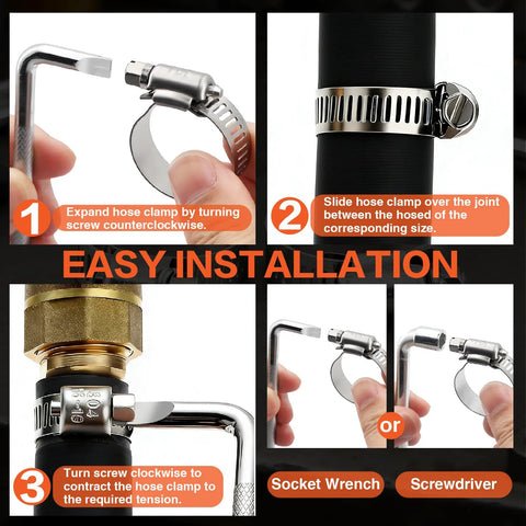 Collage of 185-Piece 304 stainless steel hose clamp kit with worm gear clamps, socket wrench, and organizer box