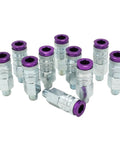 ColorFit HighFlowPRO V-Style Purple Quarter Inch NPT Male Pneumatic Couplers Set of 10 displayed in a row