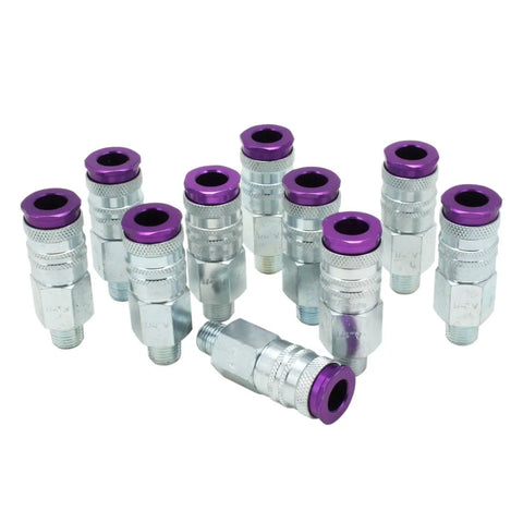 ColorFit HighFlowPRO V-Style Purple Quarter Inch NPT Male Pneumatic Couplers Set of 10 displayed in a row