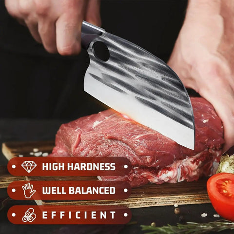 Cutting meat with Serbian Chef Knife With Sheath Pro Grade ATS 34 High Carbon Steel Fire Hammered Blade Forged For Ultra Sharp Precision