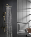 Slick Wall Mounted Thermostatic Shower System Featuring A Smooth Waterfall Tub Spout And Heavy Duty Rain Shower Head.