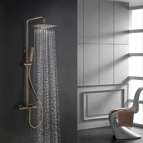 Slick Wall Mounted Thermostatic Shower System Featuring A Smooth Waterfall Tub Spout And Heavy Duty Rain Shower Head.