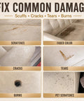 Professional Grade Easy Apply Leather And Vinyl Repair Kit For Fixing Scuffed Couches Furniture And Worn Car Seats With Dead On Color Match And No Sweat Finish showing images of common damage like scratches, cracks, and burns.
