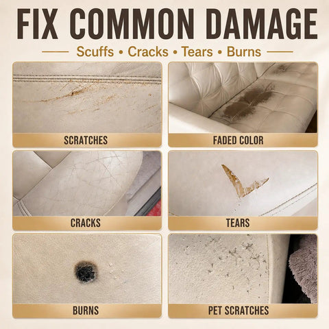 Professional Grade Easy Apply Leather And Vinyl Repair Kit For Fixing Scuffed Couches Furniture And Worn Car Seats With Dead On Color Match And No Sweat Finish showing images of common damage like scratches, cracks, and burns.