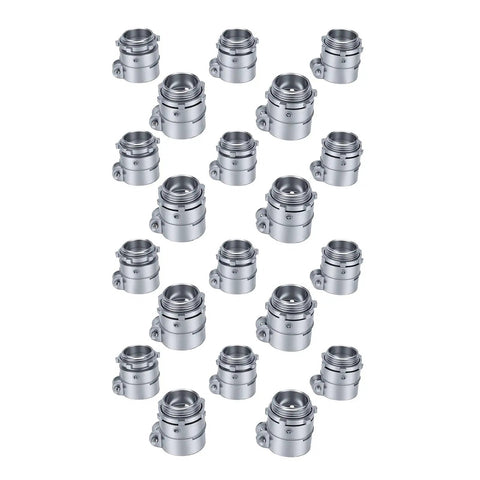 20-Pack of One-Inch Squeeze Conduit Connectors Crafted from Die Cast Zinc Alloy with Heavy-Duty Reversible Locking Nuts arranged in a grid.