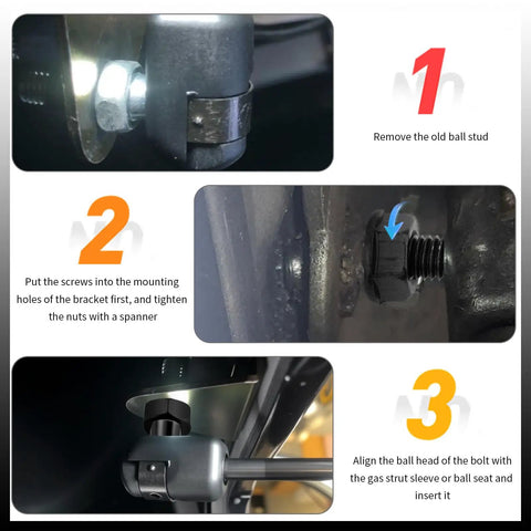 Beefy 4 Pack 10mm Ball Studs And Nuts Kit For Gas Struts 5/16-18 Thread 0.6 Inch Long Shank Heavy Duty Lift Support Ball Studs For Gas Springs Easy Install And Reliable Performance installed on gas strut bracket