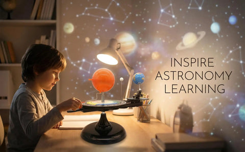 Hands On Solar System Model Kit For Kids Sun Earth Moon Rotation Educational Planetarium Project For STEM Learning Kid Friendly Realistic Night Sky Demo With Seasons And Solar Terms Guide, child using desk model