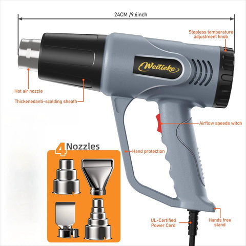Dual Temp Heat Gun With 4 Nozzles Kit, Heats Up To 1202F, 900 To 1300W, Overload Protection, 5 Ft Cord, Great For Crafting