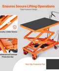 Front view of orange VEVOR hydraulic lift table cart with black non-slip pad and four wheels