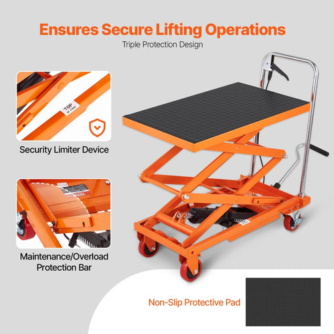 Front view of orange VEVOR hydraulic lift table cart with black non-slip pad and four wheels