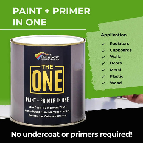 All In One Paint And Primer Black Matte 8.5 Fl Oz Sample One Coat Formula can with application areas listed.