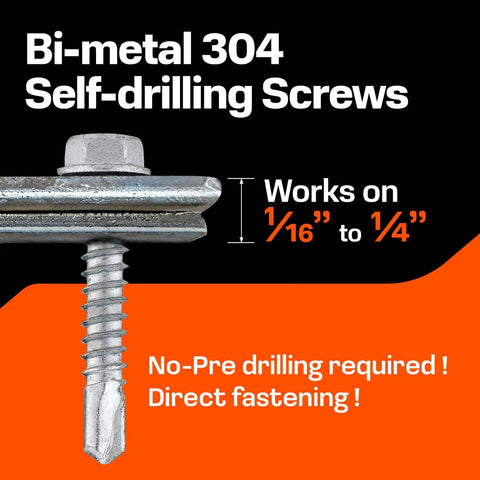 Bi-metal 304 self-drilling screw close-up with text 'Works on 1/16" to 1/4"', showcasing threading and hex head detail.