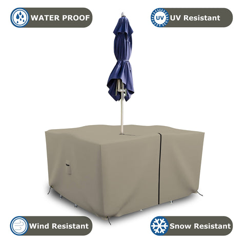 Heavy Duty Square Table And Chair Set Cover With Umbrella Hole, 12 Oz Waterproof PVC Coated Polyester, All Weather UV Resistant, Beige