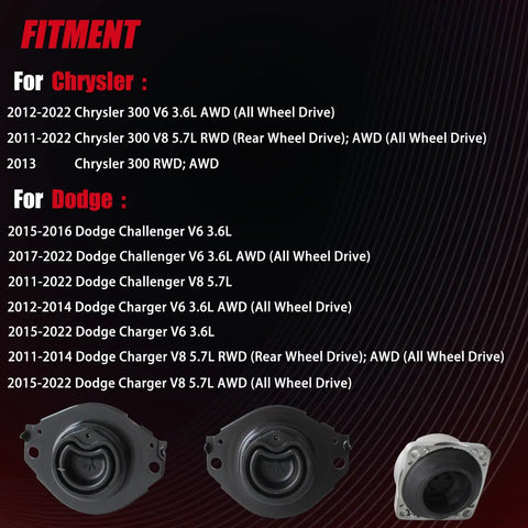 Fitment guide for Heavy Duty 3 Piece Engine Motor Transmission Mount Kit For Chrysler 300 Dodge Challenger fits multiple models.