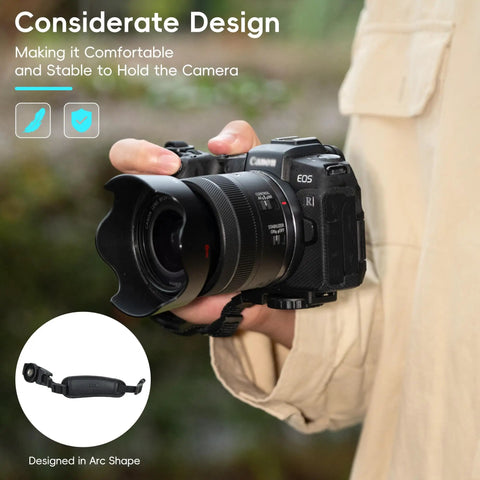 Universal Camera Hand Grip Strap For Canon EOS R8 R10 R7 R5 R6 And Rebel Series shown with cushioned grip in use.