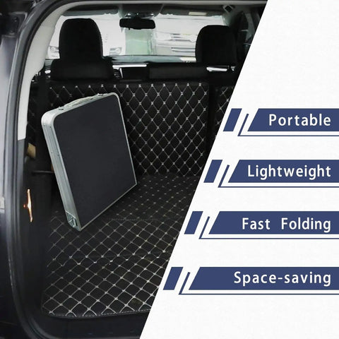 Aluminum Folding Camp Table With Built In Storage Compartment, Lightweight Height Adjustable Outdoor Kitchen Table in car trunk