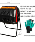 Black and orange 43 Gallon Dual Chamber Tumbling Compost Bin With Sliding Doors, Rotating Batch Composter with gloves