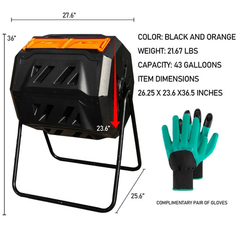 Black and orange 43 Gallon Dual Chamber Tumbling Compost Bin With Sliding Doors, Rotating Batch Composter with gloves