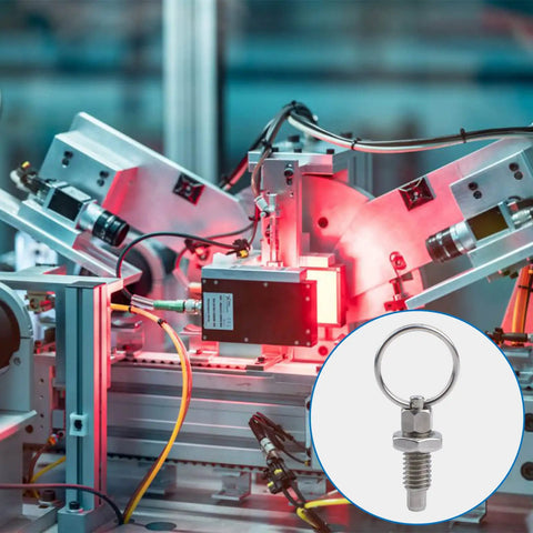 Image of Six Piece Slick Spring Plunger Set With Smooth Pull Ring and No Sweat Quick Release Pin for industrial machinery operations.