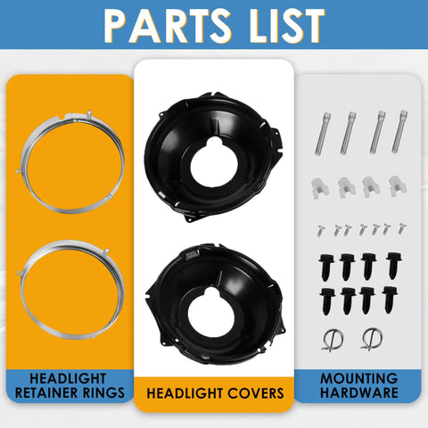 28 Piece Headlamp Retaining Ring And Mounting Bucket Kit With Stainless Steel Sealed Beam Rings And Hardware parts overview
