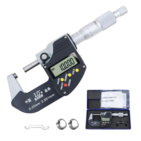 0-1 Inch Digital Micrometer With Carbide Tip, 0.00005 Inch Resolution, 0-25mm Range, with accessories and case, display on