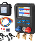 Pro Grade Digital HVAC Manifold Gauge Kit With 113 Refrigerants Database Dual Pressure And Temperature Display Fast Selection For Quick Diagnosis Supports R454B R410A R32 R134A R1234yf R22 And More Ideal For Techs And DIY Pros. digital gauge with hoses, clamps and case
