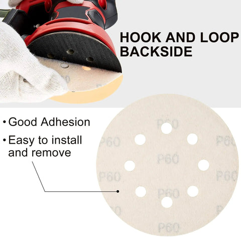 110 Piece 5 Inch 8 Hole Sanding Disc Set With Aluminum Oxide Grits 60 Showing Hook and Loop Backside for Easy Installation