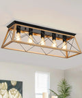 31.5 Inch Flush Mount Five Light Vintage Industrial Cage Chandelier with matte black iron and walnut finish in living room