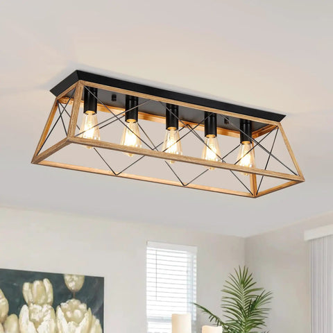 31.5 Inch Flush Mount Five Light Vintage Industrial Cage Chandelier with matte black iron and walnut finish in living room