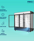 Eighty Inch Bulletproof Build Three Door Glass Merchandiser Refrigerator With Bright Led Lighting And Etl Certified Stainless Steel Exterior Designed For Tough Commercial Kitchens Including Delivery Liftgate, showcasing open doors and interior shelves.