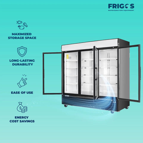 Eighty Inch Bulletproof Build Three Door Glass Merchandiser Refrigerator With Bright Led Lighting And Etl Certified Stainless Steel Exterior Designed For Tough Commercial Kitchens Including Delivery Liftgate, showcasing open doors and interior shelves.