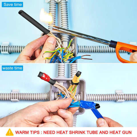 Using heat gun with expandable braided cable sleeve kit and heat shrink tubing on electrical wires, illustration above and below