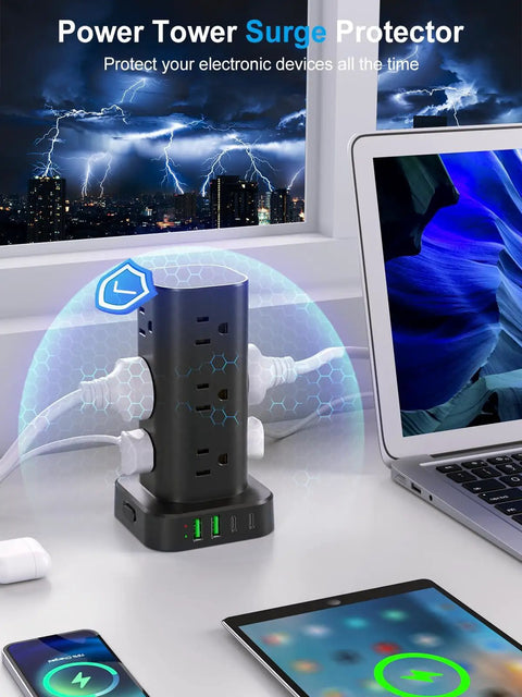 17 In 1 Power Strip Tower With Wireless Charger, Flat Plug Surge Protector, 10ft Extension Cord, 12 AC Outlets And 4 USB Ports (2 USB-C, 2 USB-A), 15W Wireless Charging For Home Office Dorm, Black on desk beside laptop