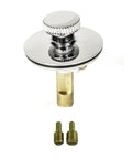 Front view of chrome lift-and-turn bathtub drain stopper with brass stem and two screws.