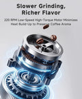 Premium Electric Coffee Grinder With 48MM Conical Burrs motor close-up, showcasing 220 RPM low-speed high-torque design.