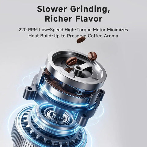 Premium Electric Coffee Grinder With 48MM Conical Burrs motor close-up, showcasing 220 RPM low-speed high-torque design.