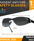 Tough As Nails Wraparound Safety Glasses For Men And Women 12 Pack Gradient Gray showing dimensions and features.