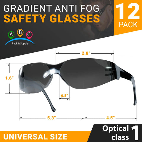 Tough As Nails Wraparound Safety Glasses For Men And Women 12 Pack Gradient Gray showing dimensions and features.