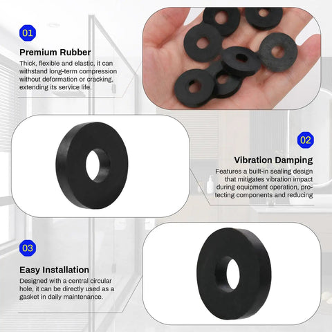 Heavy Duty Rubber Spacers And Anti Vibration Pads 16 Pack Badass Bolt Cushions For Auto Rigs Boats And Home Systems Durable black rubber vibration dampers in hand showing different angles.