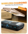 Wireless charging demonstration with Outdoor Power Bank With 48000mAh Solar Charger Wireless Portable Battery Pack With Built In 4 Cables And 4 Solar Panels PD QC 3.0 Fast Charging USB C Output Flashlight Ideal For Camping And Travel.
