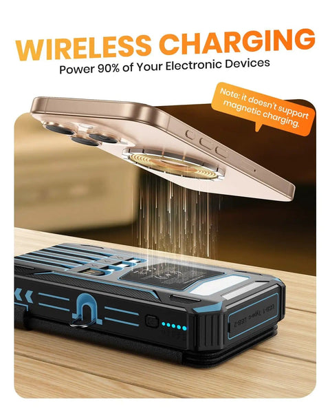 Wireless charging demonstration with Outdoor Power Bank With 48000mAh Solar Charger Wireless Portable Battery Pack With Built In 4 Cables And 4 Solar Panels PD QC 3.0 Fast Charging USB C Output Flashlight Ideal For Camping And Travel.