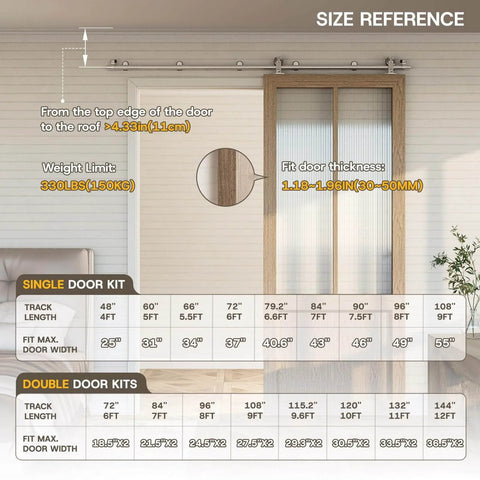 Heavy Duty Stainless Steel Top Mount Sliding Barn Door Hardware Kit For Interior Or Exterior Use Ultra Quiet Smooth Rolling Track Fits Single Doors Up To 25 Inches Wide Easy To Install size reference chart