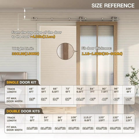 Size reference for Top Mount Sliding Barn Door Hardware Kit Built Tough With Heavy Duty Stainless Steel Track and Rollers.