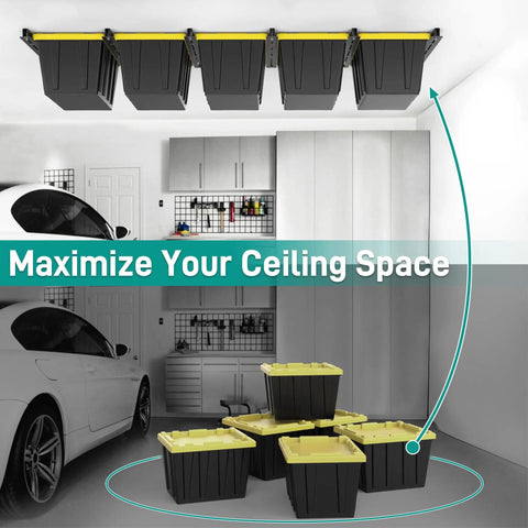 Heavy Duty Ceiling Storage Rack for Garage Overhead Storage System Adjustable Bin Organizer 5 Sets for 4 Bins 26 Inch Span