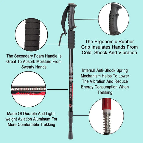Ultra Lightweight Collapsible Trekking Poles for Hiking showing ergonomic grip and shock absorbing features