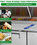 No Nonsense Heavy Duty Commercial Prep Table Refrigerator With Extra Wide Stainless Steel Worktop And Massive Cold Storage For Pizza And Sandwich Professionals in use with various food preparations.