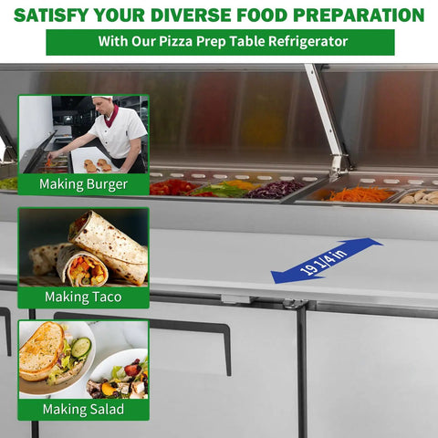 No Nonsense Heavy Duty Commercial Prep Table Refrigerator With Extra Wide Stainless Steel Worktop And Massive Cold Storage For Pizza And Sandwich Professionals in use with various food preparations.