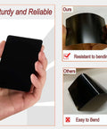 Someone holding Fifty Pcs Matte Black Metal Business Card Blanks For Laser Engraving, demonstrating bending resistance.
